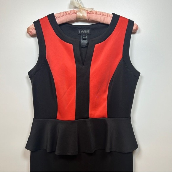 Enfocus Studio Sleeveless A-Line Peplum Midi Dress Size 8 Black Coral Office - Picture 3 of 9